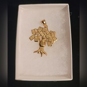 Authentic 10K Yellow Gold $100 Bill Money Tree Money Bag Pendant 1.5 in x 1.2 in